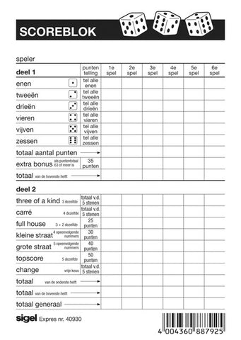 Expres Scoreblok Sigel Voor Yahtzee