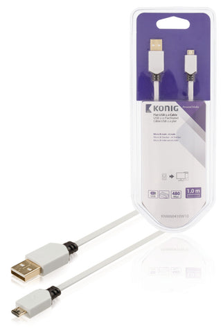 K&Ouml;Nig König Knm60410W10 Platte Usb 2.0 Kabel A Male - Micro B Male 1,00 M Wit