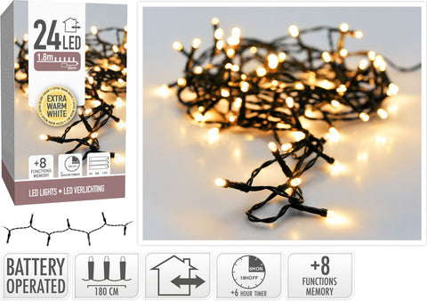 Kerstverlichting 24 Led - 1.80M - Extra Warm Wit - Batterij - Lichtfuncties - Geheugen - Timer