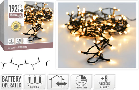 Kerstverlichting 192 Led - 14.5M - Extra Warm Wit - Batterij - Lichtfuncties - Geheugen - Timer